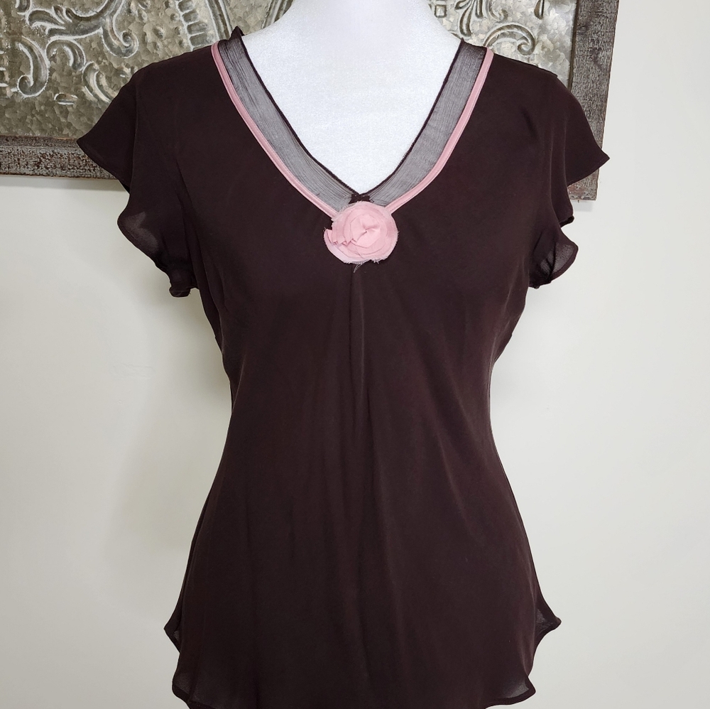 Sunny Leigh Y2K Chocolate & Pink 100% Silk Rosette Top Med Dainty 2000's Retro - Picture 8 of 9